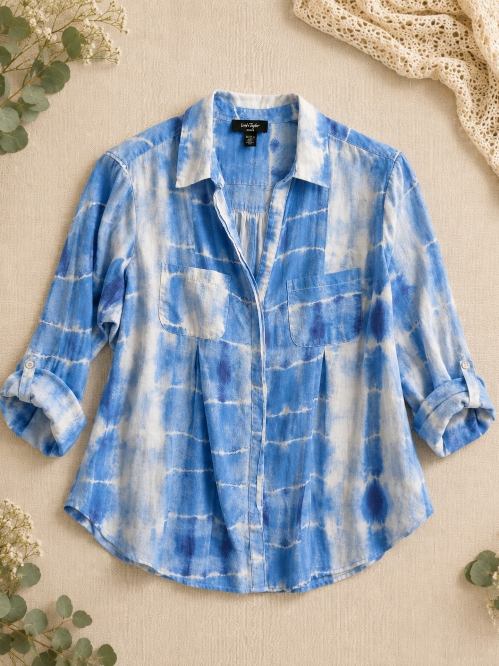 Lord & Taylor Woman 0X Blue White 100% Cotton Tie Dye Shirt